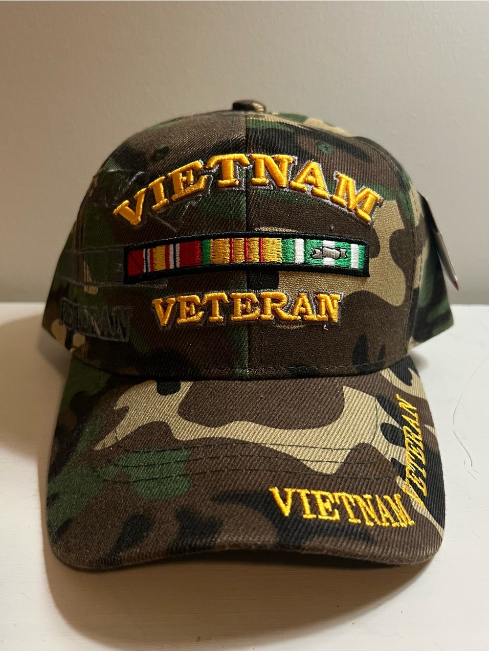 Camouflage Vietnam Veteran Baseball Cap with Embroidered Ribbon - Green